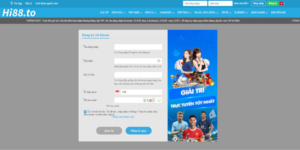 HI88 - LINK ĐĂNG KÝ HI88 | NHẬN NGAY ƯU ĐÃI HẤP DẪN 7 Đăng ký tài khoản Hi88 khá đơn giản